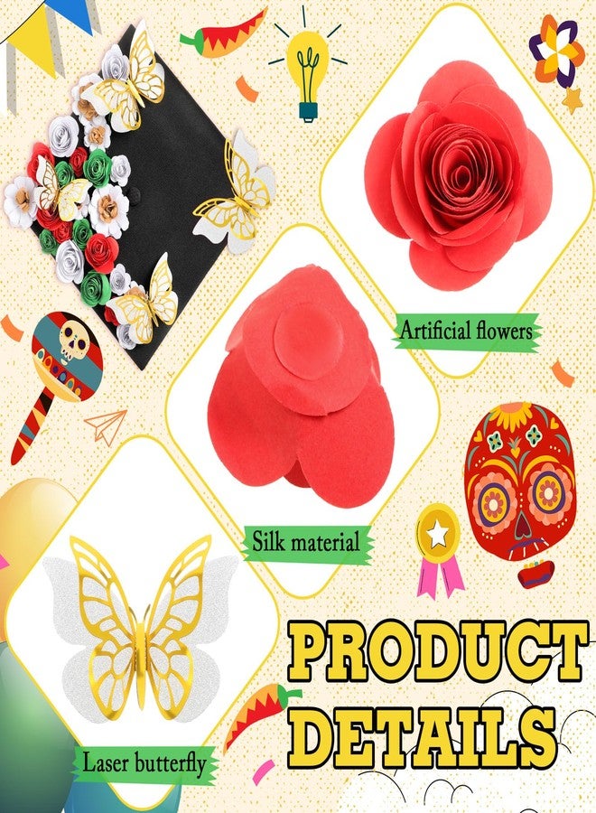 Dinifee 36 Pcs DIY Graduation Cap Decorations Accessory Kit Include Faux Paper Flower Heads 3D Butterfly Grad Cap Mini Paper Flowers Decorations for Grad Cap Topper DIY Graduation Gift(Red, Green) - Image 3