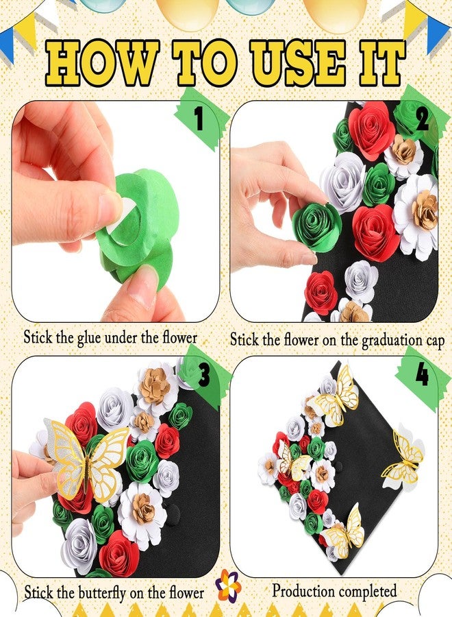 Dinifee 36 Pcs DIY Graduation Cap Decorations Accessory Kit Include Faux Paper Flower Heads 3D Butterfly Grad Cap Mini Paper Flowers Decorations for Grad Cap Topper DIY Graduation Gift(Red, Green) - Image 4