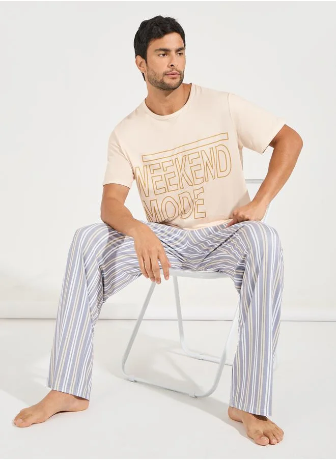 Styli Slogan Print T-Shirt & Striped Pyjama Set