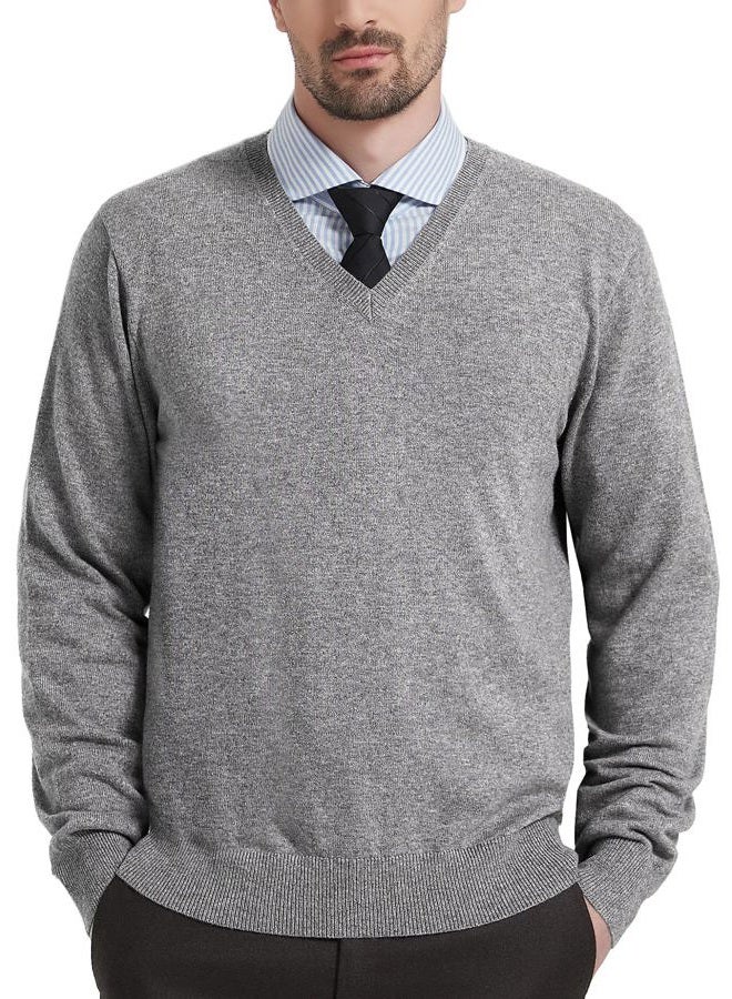 Kallspin Men's Cashmere Wool Blend Relaxed Fit V Neck Knitted Jumper Sweater, Light Grey, XL - Image 1