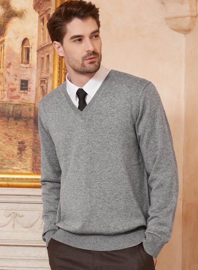 Kallspin Men's Cashmere Wool Blend Relaxed Fit V Neck Knitted Jumper Sweater, Light Grey, XL - Image 2