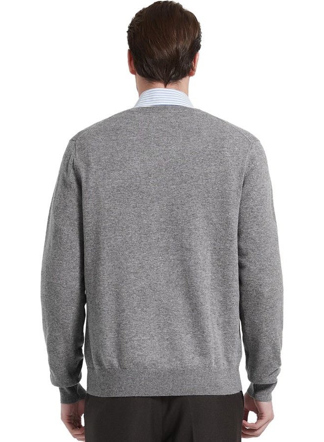 Kallspin Men's Cashmere Wool Blend Relaxed Fit V Neck Knitted Jumper Sweater, Light Grey, XL - Image 4