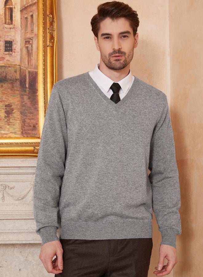 Kallspin Men's Cashmere Wool Blend Relaxed Fit V Neck Knitted Jumper Sweater, Light Grey, XL - Image 3