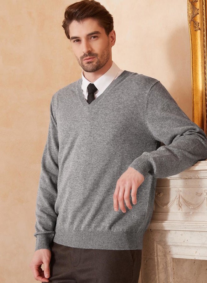 Kallspin Men's Cashmere Wool Blend Relaxed Fit V Neck Knitted Jumper Sweater, Light Grey, XL - Image 5