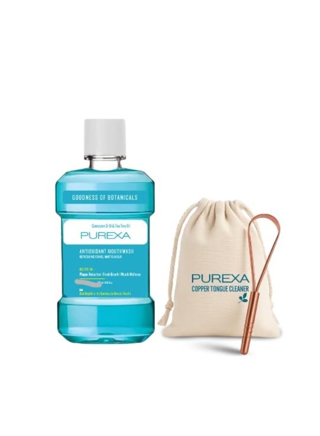PUREXA Fennel Mint Mouthwash 250 ml Combo with Q Shape Copper Tongue Cleaner Oral Rinse & Pure Copper Tongue Scraper for Fresh Breath & Gum Care - Image 1