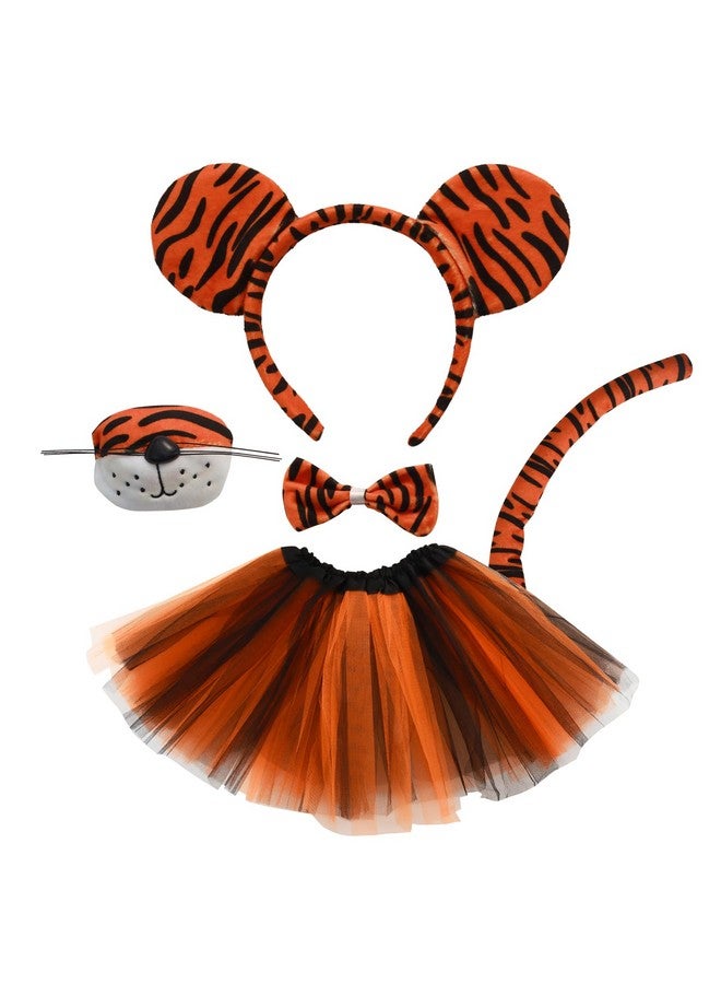 Heliltd 5 Pieces Kids Girls Tiger Costume Set Tiger Ear Headband Tail Nose Bow Tie Tutu Skirt For Halloween Cosplay Party  - Image 1