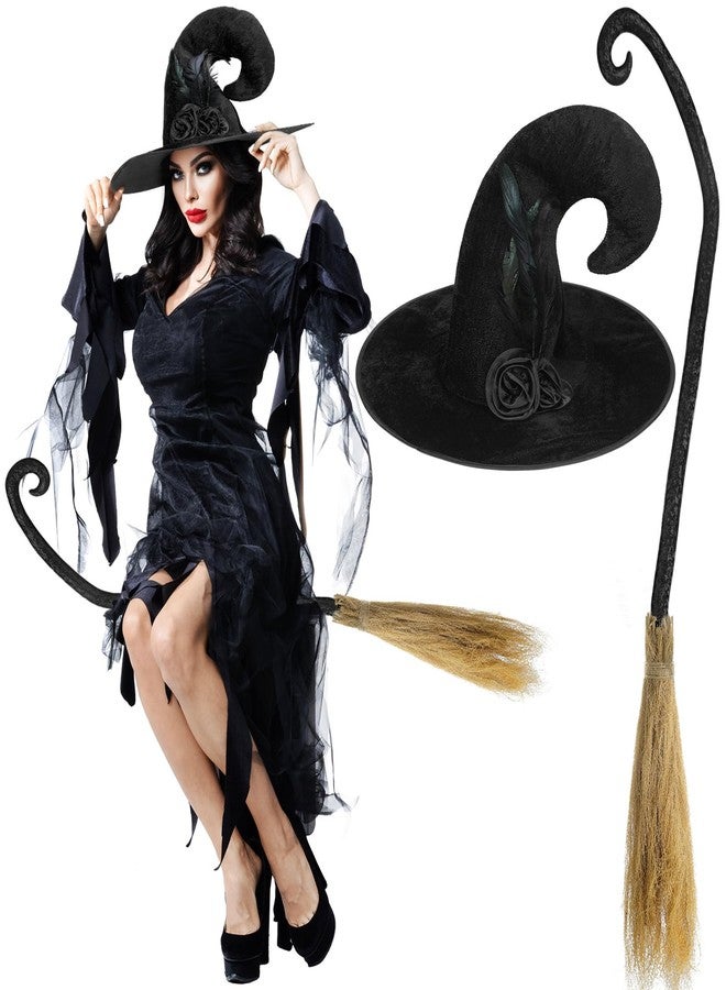 Hercicy 2 Pack Halloween Witch Broom Hat Set Witch Costume Accessories Hat with Flower Feather and Broom Props for Halloween Costume Party Supplies - Image 1