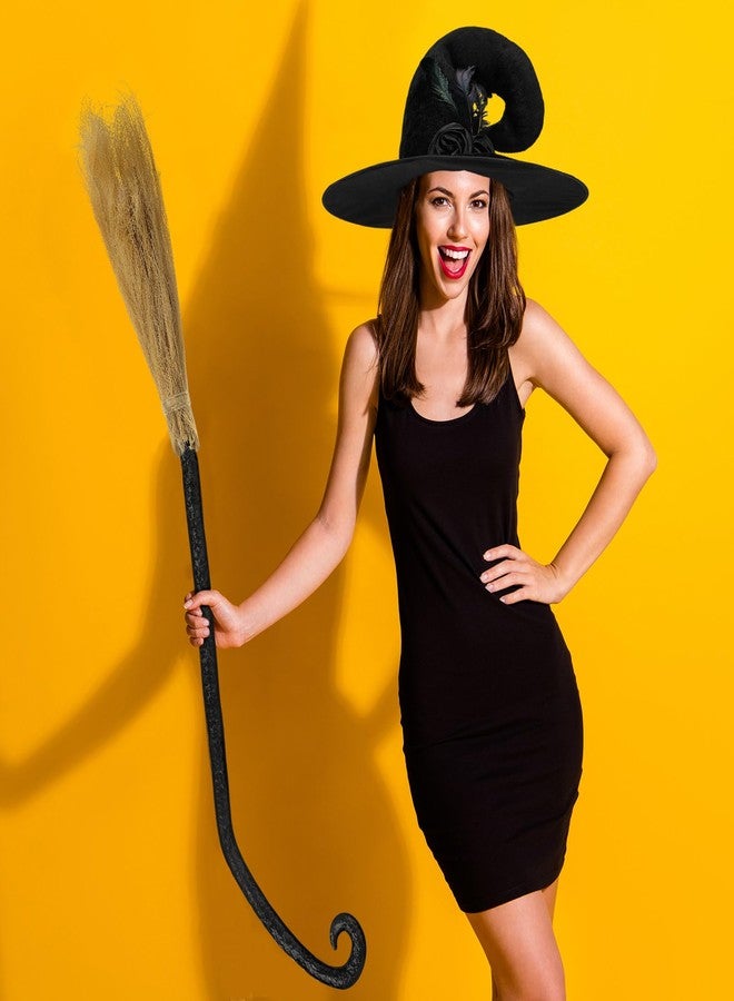 Hercicy 2 Pack Halloween Witch Broom Hat Set Witch Costume Accessories Hat with Flower Feather and Broom Props for Halloween Costume Party Supplies - Image 4
