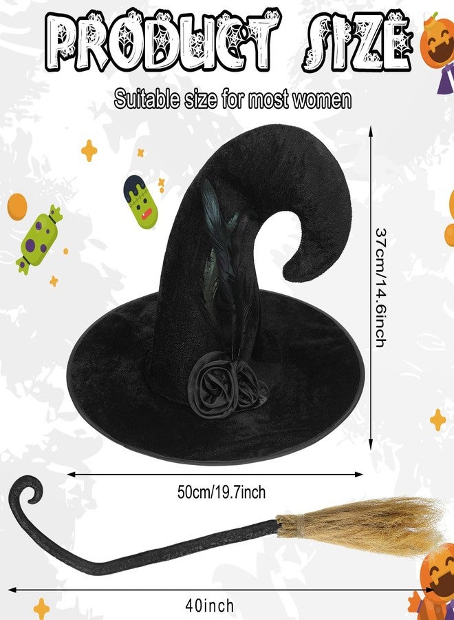 Hercicy 2 Pack Halloween Witch Broom Hat Set Witch Costume Accessories Hat with Flower Feather and Broom Props for Halloween Costume Party Supplies - Image 2