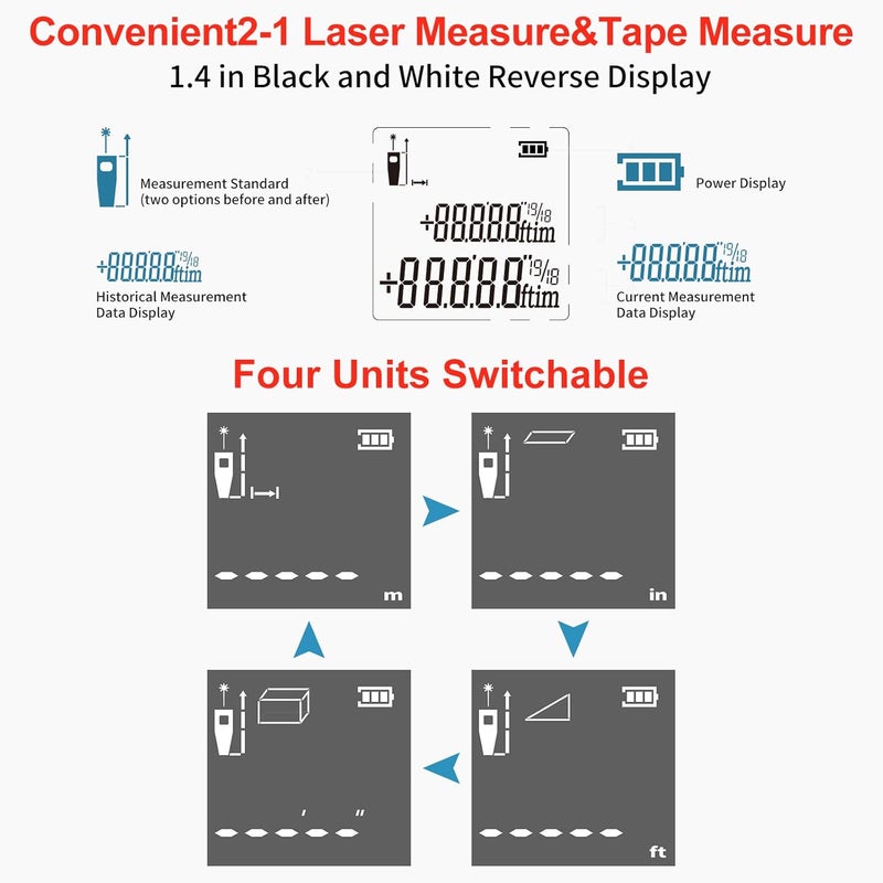 DTAPE Laser Tape Measure 2in1laser measurement 131Ft silent laser range finder USB rechargeable color LCD display measuring distance IP54 waterproof tape length 16Ft Nylon Coating for DIY - Image 5
