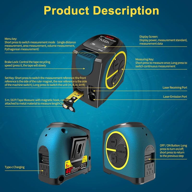 DTAPE Laser Tape Measure 2in1laser measurement 131Ft silent laser range finder USB rechargeable color LCD display measuring distance IP54 waterproof tape length 16Ft Nylon Coating for DIY - Image 2