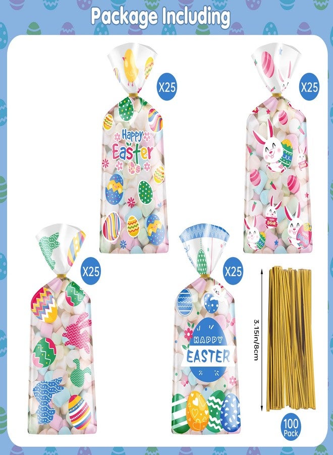 Litmitfu 100 Pcs Easter Treat Bags - Happy Easter Gift Bag, Easters Eggs Plastic Cellophane Bag, Clear Colorful Easters Bunny Goodie Candy Favor Bags with Gold Twist Ties for Easte Party Favors Supplies - Image 4