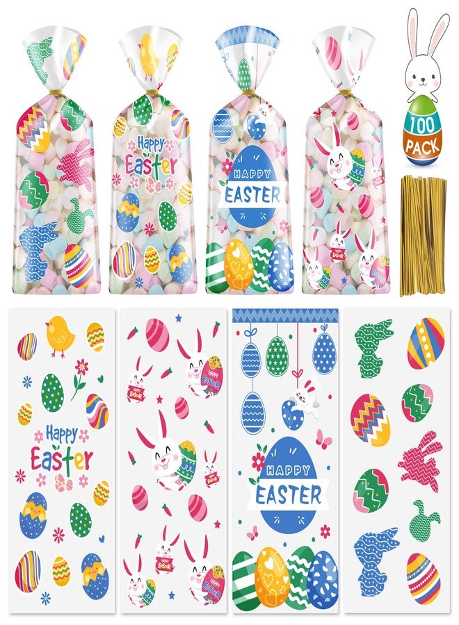 Litmitfu 100 Pcs Easter Treat Bags - Happy Easter Gift Bag, Easters Eggs Plastic Cellophane Bag, Clear Colorful Easters Bunny Goodie Candy Favor Bags with Gold Twist Ties for Easte Party Favors Supplies - Image 1