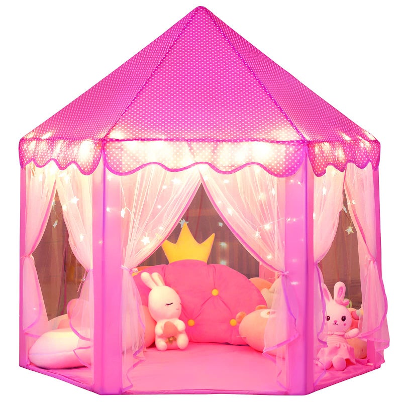 wilwolfer Princess Castle Play Tent for Girls Large Kids Play Tents Hexagon Playhouse with Star Lights Toys for Children Indoor Games (Pink) - Image 1