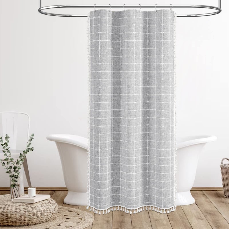 BTTN BTTN Boho Shower Stall Curtain - 36x72 Narrow Linen Ultra Thick Tassel Fabric Shower Curtain Set with 6 Plastic Hooks  Half Modern Farmhouse Country Weighted Shower Curtains for Bathroom - Gray/Grey - Image 1
