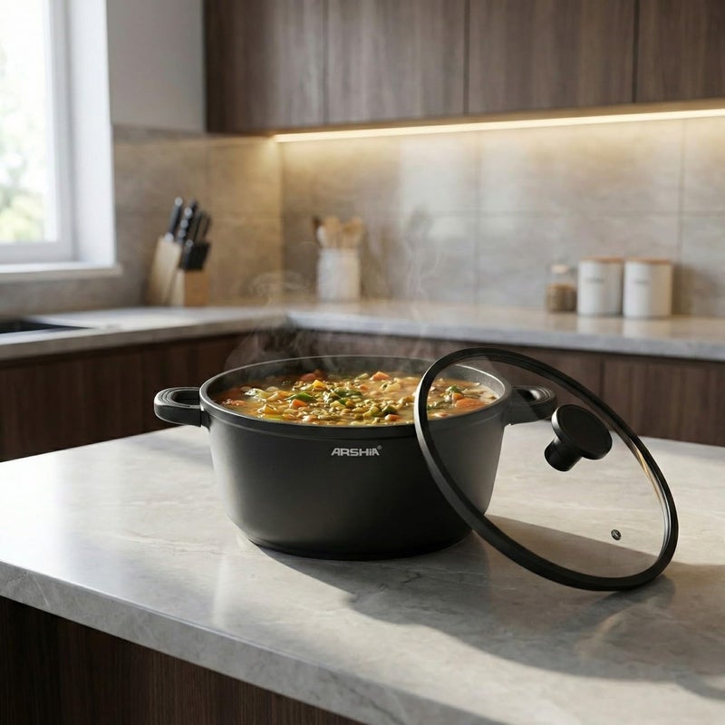 Arshia Die-Cast Aluminum Non-Stick Casserole Pot with Lid, 24 cm, Black - Image 2