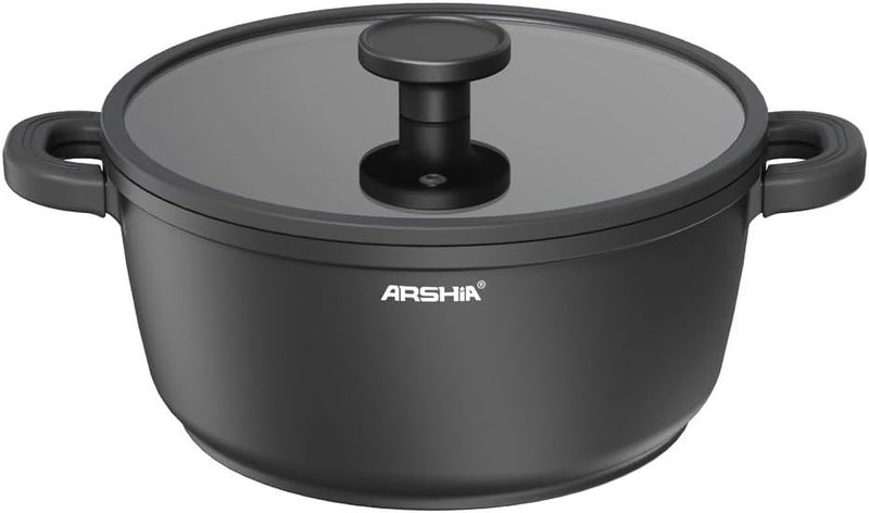 Arshia Die-Cast Aluminum Non-Stick Casserole Pot with Lid, 24 cm, Black - Image 1