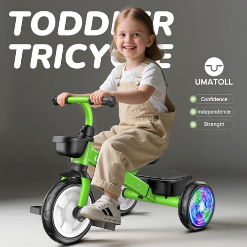 Umatoll Tricycle for Toddlers 25 Year Old Ajustable Toddler Bike Outdoor Toys Birthday Gift for Boy Girl Age 24 Trike with Light up Wheels Green - Image 5