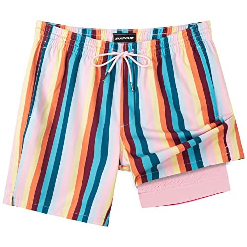 SURF CUZ Mens Swim Trunks with Compression Liner Quick Dry Swim Shorts 7" Swimming Trunks Stretch Zipper Pockets Beige Vintage Stripes Medium - Image 2