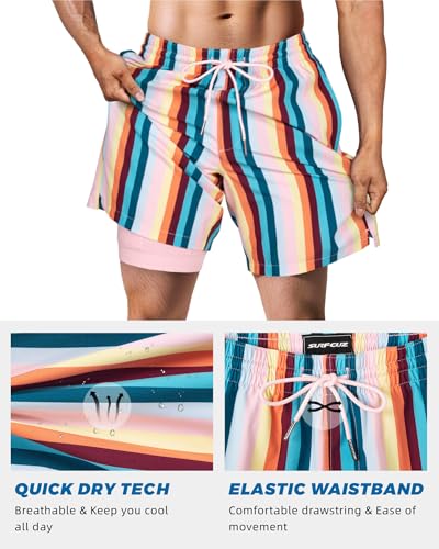 SURF CUZ Mens Swim Trunks with Compression Liner Quick Dry Swim Shorts 7" Swimming Trunks Stretch Zipper Pockets Beige Vintage Stripes Medium - Image 4