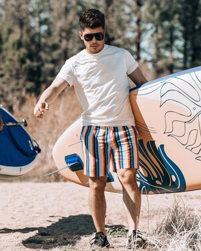 SURF CUZ Mens Swim Trunks with Compression Liner Quick Dry Swim Shorts 7" Swimming Trunks Stretch Zipper Pockets Beige Vintage Stripes Medium - Image 5