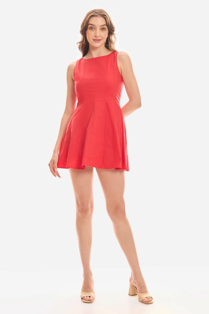 Solid Cotton Red Mini Skater Dress for Women