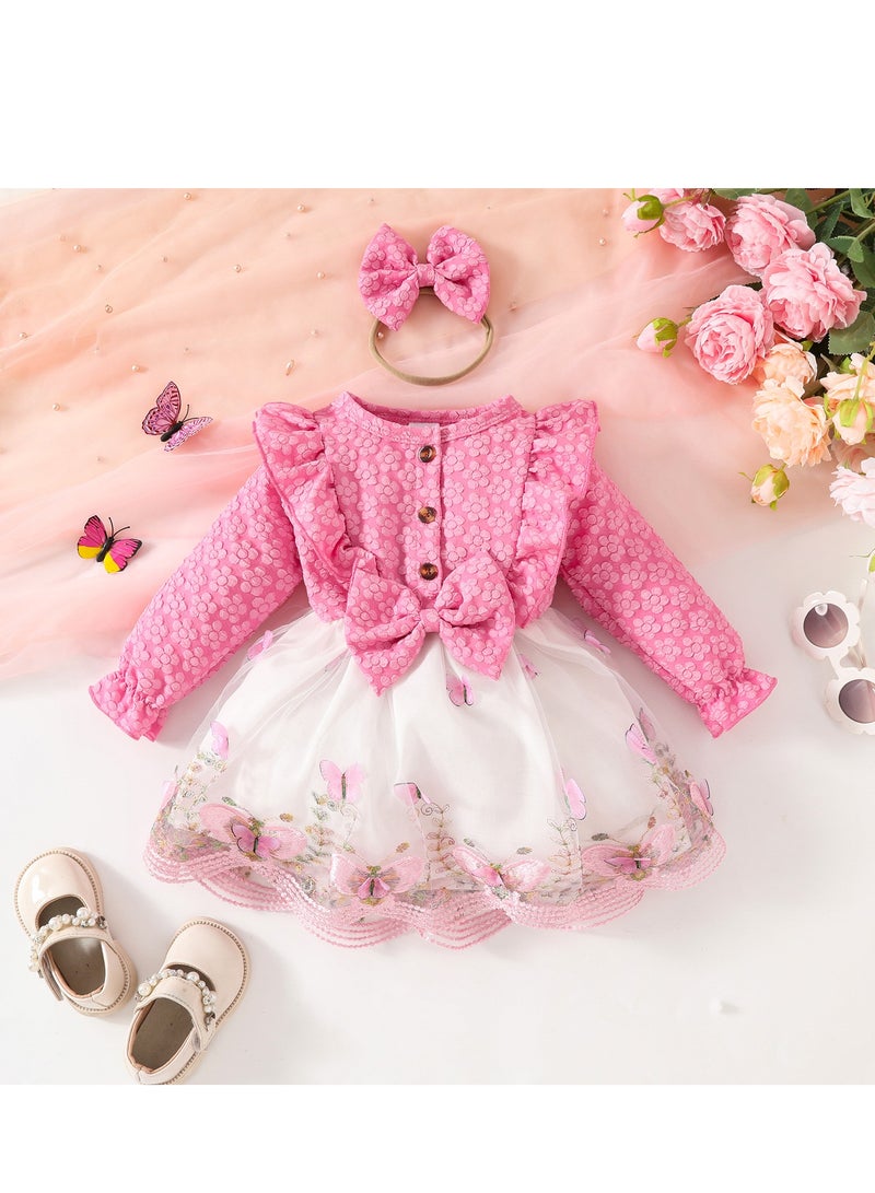 Baby Girl Birthday Party Dress, 12-18M, Elegant Floral Tulle Dress with Butterfly Bow, Special Occasion Toddler Outfit, Long Sleeve Princess Dress, 44cm Long - Image 1