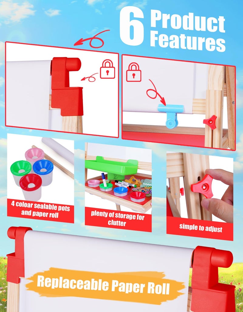 JOYOOSS Kids Wooden Easel with Paper Roll - Adjustable Magnetic Double Sided Drawing Board Whiteboard & Chalkboard Dry Easel Board,Children Art Easel for 3~12 Years Kids Boys Girls Painting Drawing - Image 5