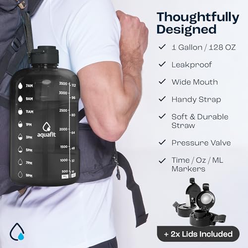 AQUAFIT 1 Gallon Water Bottle with Time Marker - Straw & Chug Lid - BPA Free Gym Water Bottle with Straw - Big Gallon Jug (Aqua, 128 oz - 2 Lids) - Image 5