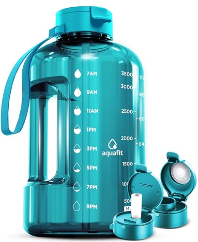 AQUAFIT 1 Gallon Water Bottle with Time Marker - Straw & Chug Lid - BPA Free Gym Water Bottle with Straw - Big Gallon Jug (Aqua, 128 oz - 2 Lids) - Image 1