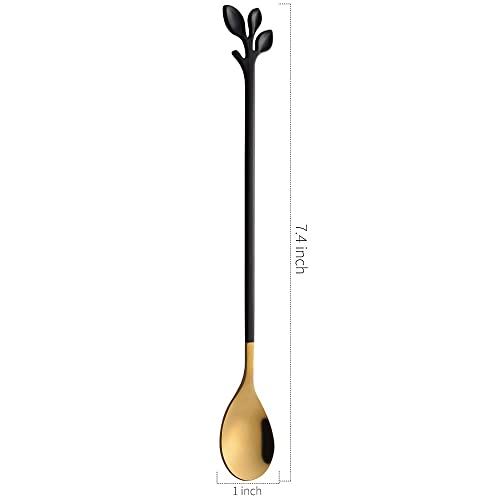 AnSaw 6-Piece Elegant Black & Gold Leaf Long Handle Teaspoons - 7.4" Stainless Steel Stir Spoons for Coffee & Tea, Perfect for Mixing & Stirring - Image 2