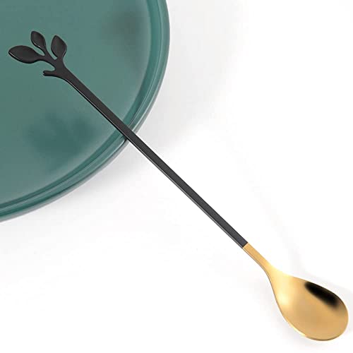 AnSaw 6-Piece Elegant Black & Gold Leaf Long Handle Teaspoons - 7.4" Stainless Steel Stir Spoons for Coffee & Tea, Perfect for Mixing & Stirring - Image 4