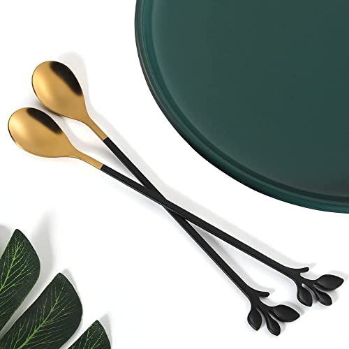 AnSaw 6-Piece Elegant Black & Gold Leaf Long Handle Teaspoons - 7.4" Stainless Steel Stir Spoons for Coffee & Tea, Perfect for Mixing & Stirring - Image 5