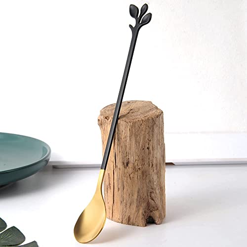 AnSaw 6-Piece Elegant Black & Gold Leaf Long Handle Teaspoons - 7.4" Stainless Steel Stir Spoons for Coffee & Tea, Perfect for Mixing & Stirring - Image 3