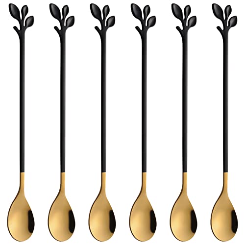AnSaw 6-Piece Elegant Black & Gold Leaf Long Handle Teaspoons - 7.4" Stainless Steel Stir Spoons for Coffee & Tea, Perfect for Mixing & Stirring - Image 1