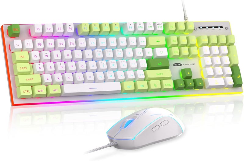 مايجغي مجموعة لوحة المفاتيح والفأرة للألعاب GT838، 104 مفتاحًا مع إضاءة خلفية RGB، لوحة مفاتيح سلكية هادئة مع لوحة أرقام، لوحة معدنية، مقاومة للظلال، مجموعة لوحات مفاتيح لأجهزة الكمبيوتر المكتبية والمحمولة، أخضر - Image 1