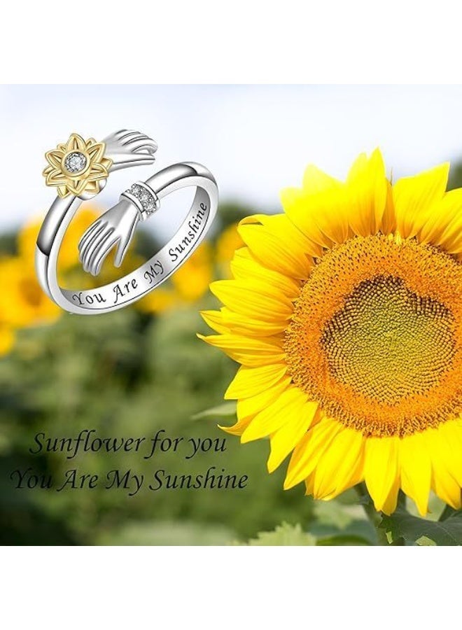 Ucanbe Rotating Sunflower Embrace Ring – Adjustable Nature-Inspired Diamond Accent Silver Ring - Image 2