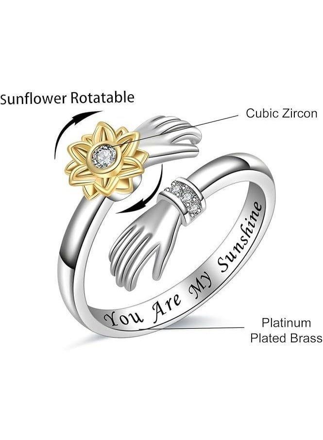 Ucanbe Rotating Sunflower Embrace Ring – Adjustable Nature-Inspired Diamond Accent Silver Ring - Image 4