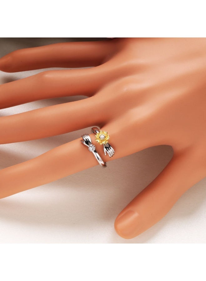 Ucanbe Rotating Sunflower Embrace Ring – Adjustable Nature-Inspired Diamond Accent Silver Ring - Image 3