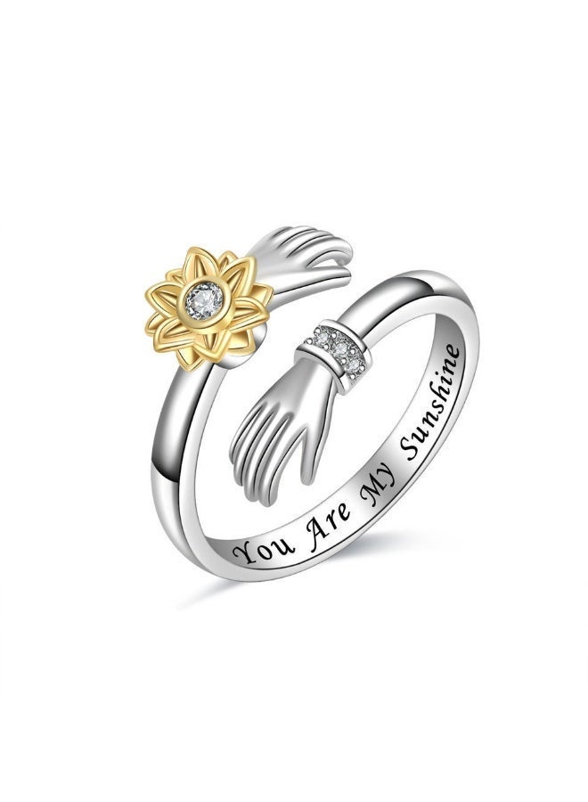 Ucanbe Rotating Sunflower Embrace Ring – Adjustable Nature-Inspired Diamond Accent Silver Ring - Image 1