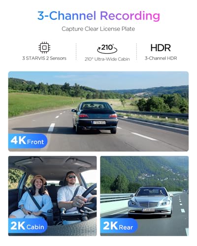 VIOFO A329S 4K 3 Channel Dash Cam 4K Front 2K Cabin Fisheye 210 2K Rear Power Saving Parking Mode WiFi 6 App Control AllChannel STARVIS 2 Sensors Supports up to 4TB SSD Storage - Image 3