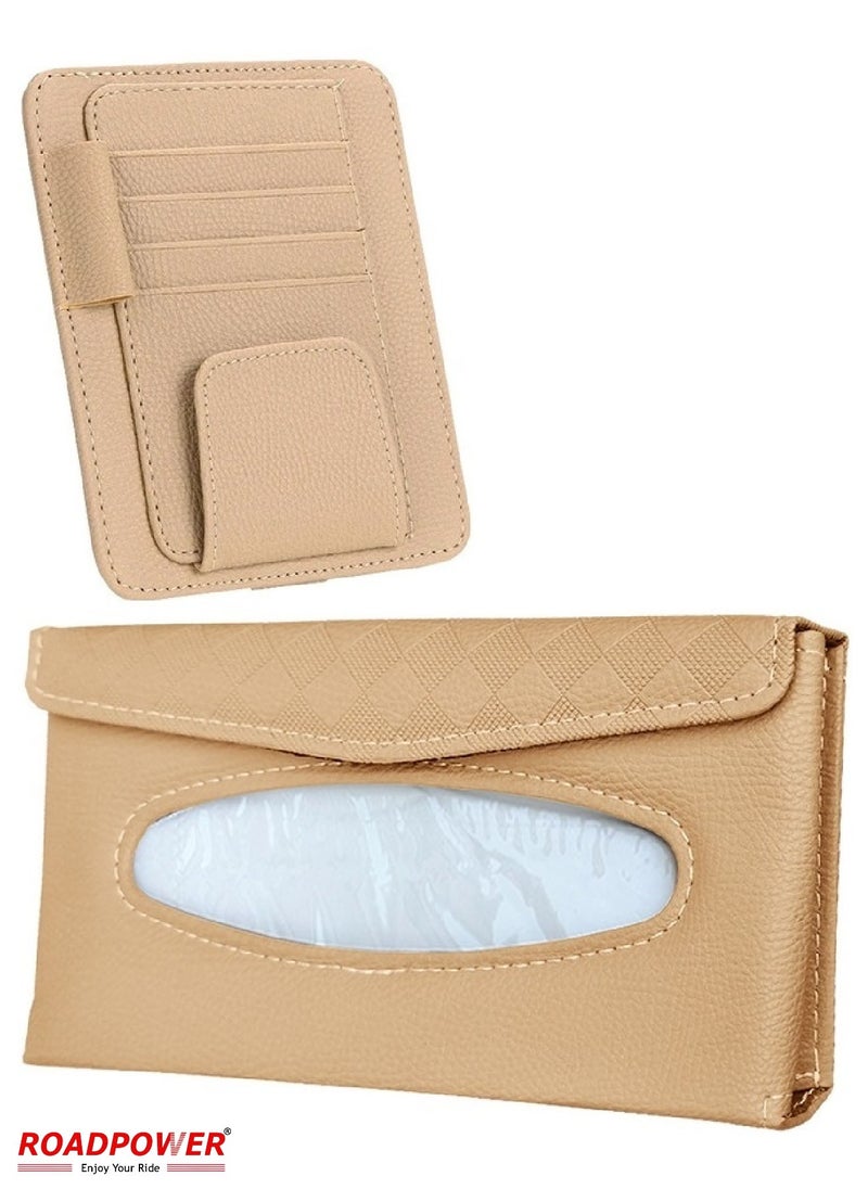 RoadPower Car Tissue Holder Organizer With Car Sun Visor Sunglasses And Card Holder Beige  - Image 1