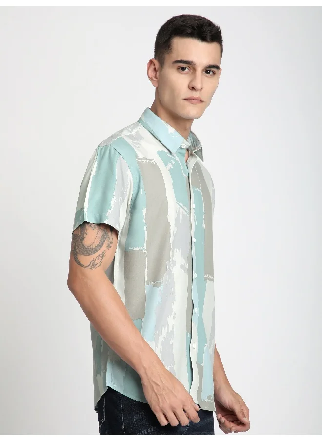 بيونغ Green Brush Stroke Half Sleeve Viscose Shirt