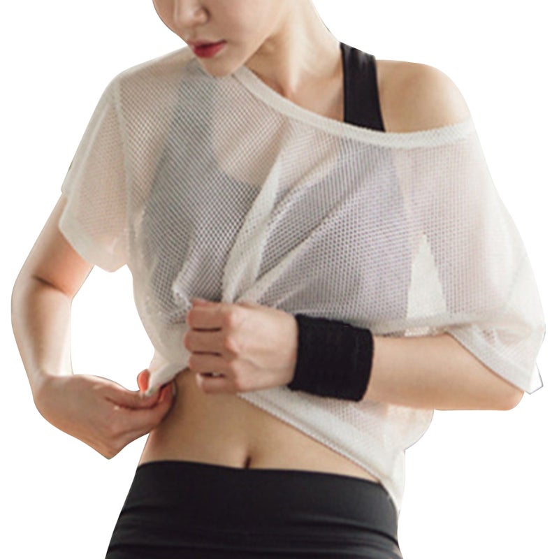 Women's Mesh Top: White Size S Quick Drying Premium Cotton Blend Fabric - Loose Fit Breathable Mesh Sports Top for Summer Fitness Yoga Outdoor Sports Running - Image 3