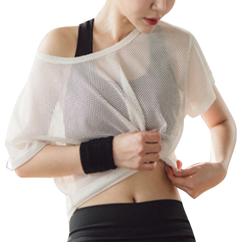 Women's Mesh Top: White Size S Quick Drying Premium Cotton Blend Fabric - Loose Fit Breathable Mesh Sports Top for Summer Fitness Yoga Outdoor Sports Running - Image 1