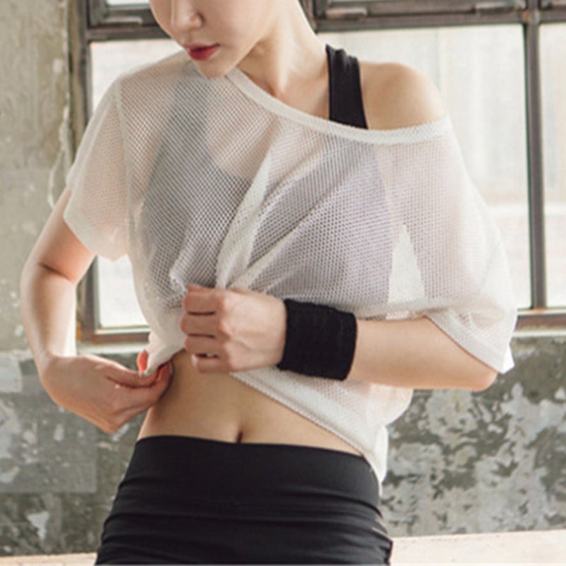 Women's Mesh Top: White Size S Quick Drying Premium Cotton Blend Fabric - Loose Fit Breathable Mesh Sports Top for Summer Fitness Yoga Outdoor Sports Running - Image 5