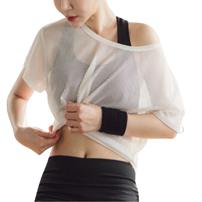 Women's Mesh Top: White Size S Quick Drying Premium Cotton Blend Fabric - Loose Fit Breathable Mesh Sports Top for Summer Fitness Yoga Outdoor Sports Running - Image 4