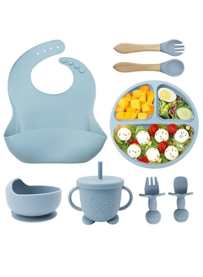 8 Pcs Silicone Baby Feeding Set, Baby Led Weaning Supplies with Suction Bowl Divided Plate, Self Feeding Spoons Forks Sippy Cup Adjustable Bib, for 6+ Months (Blue) - Image 2