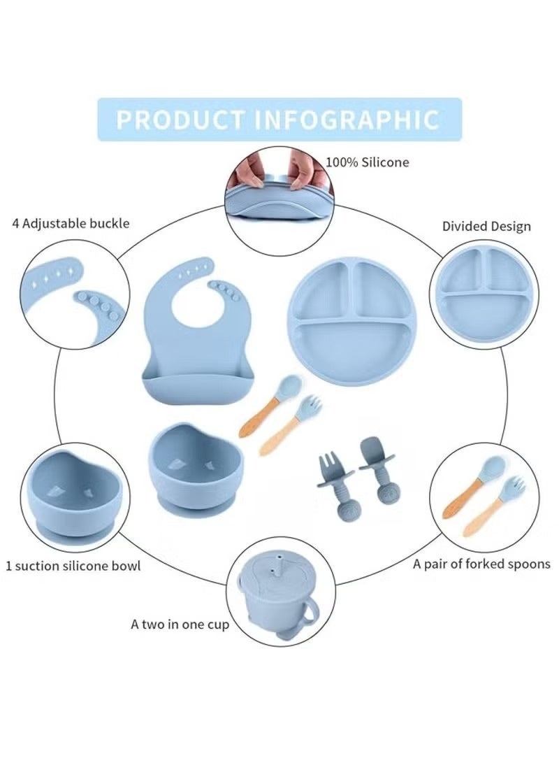 8 Pcs Silicone Baby Feeding Set, Baby Led Weaning Supplies with Suction Bowl Divided Plate, Self Feeding Spoons Forks Sippy Cup Adjustable Bib, for 6+ Months (Blue) - Image 5