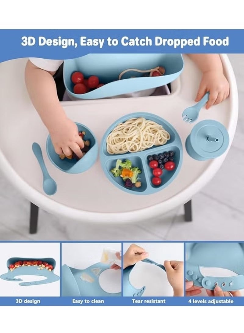 8 Pcs Silicone Baby Feeding Set, Baby Led Weaning Supplies with Suction Bowl Divided Plate, Self Feeding Spoons Forks Sippy Cup Adjustable Bib, for 6+ Months (Blue) - Image 1